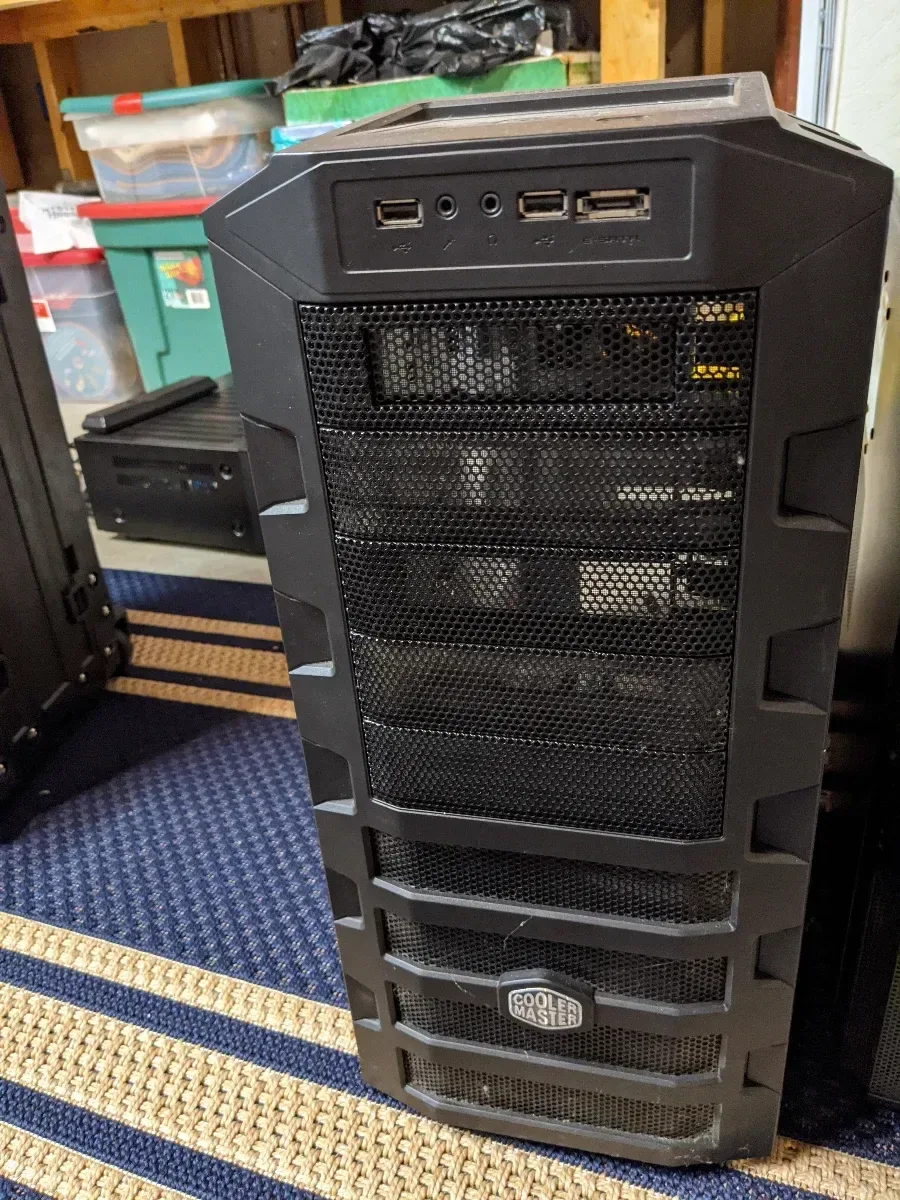 Front view of the tower server chassis during the 2020 upgrade.