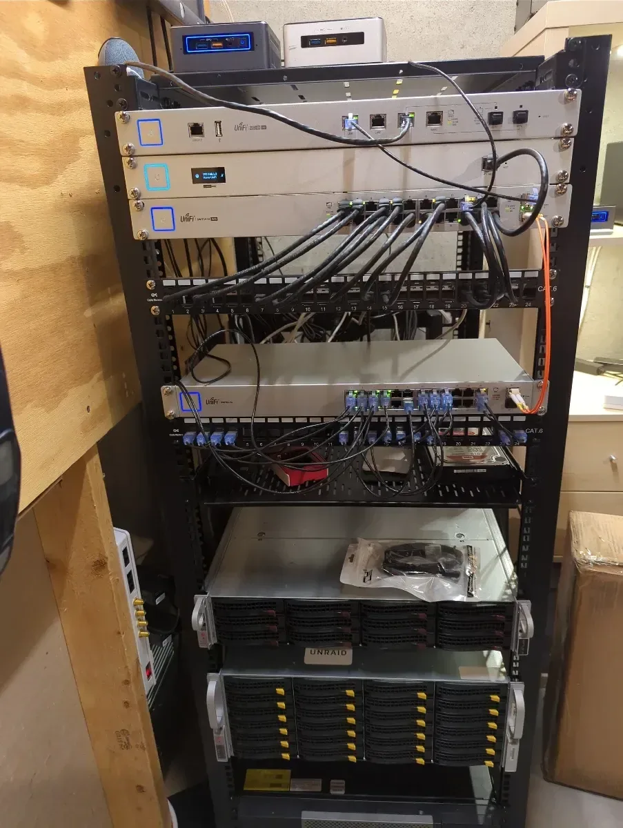 Expanded rack with network gear and multiple storage chassis.