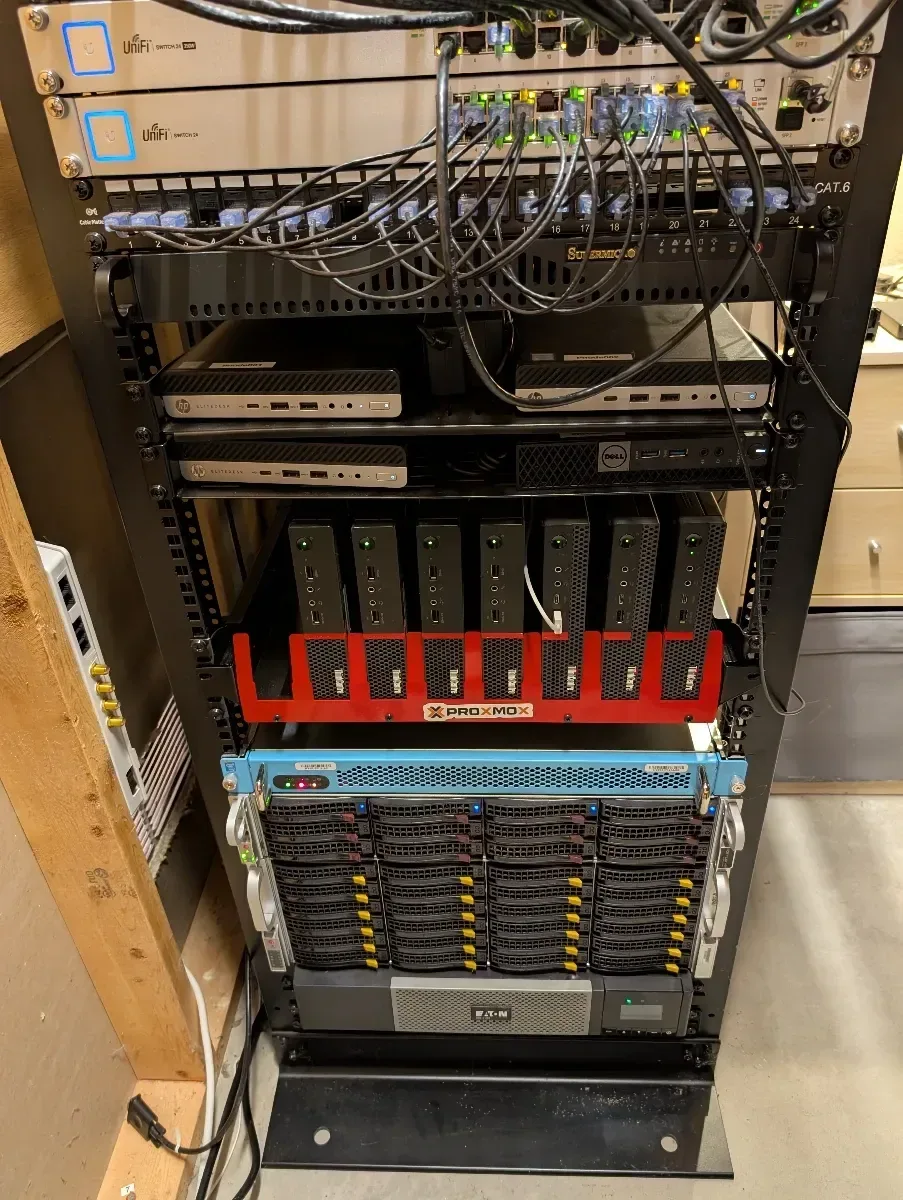 Complete rack with network gear, mini PCs, and storage arrays.